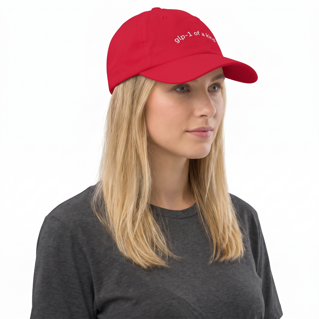 GLP-1 of a Kind Embroidered Dad Hat-GLP-1 of a Kind Embroidered Dad Hat, Cranberry, white-background angled model view