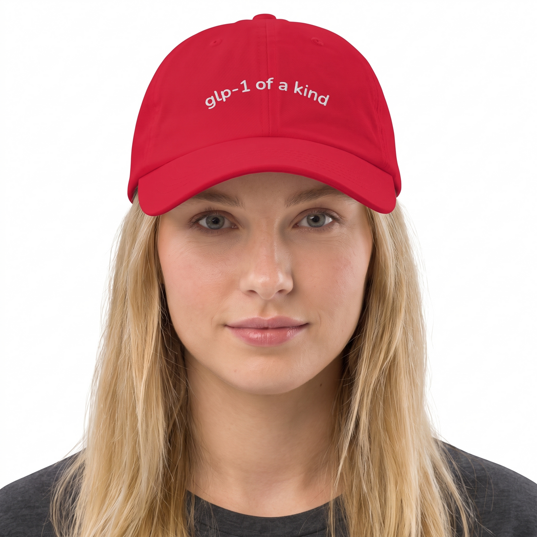 GLP-1 of a Kind Embroidered Dad Hat-GLP-1 of a Kind Embroidered Dad Hat, Cranberry, white-background on-model embroidery close-up
