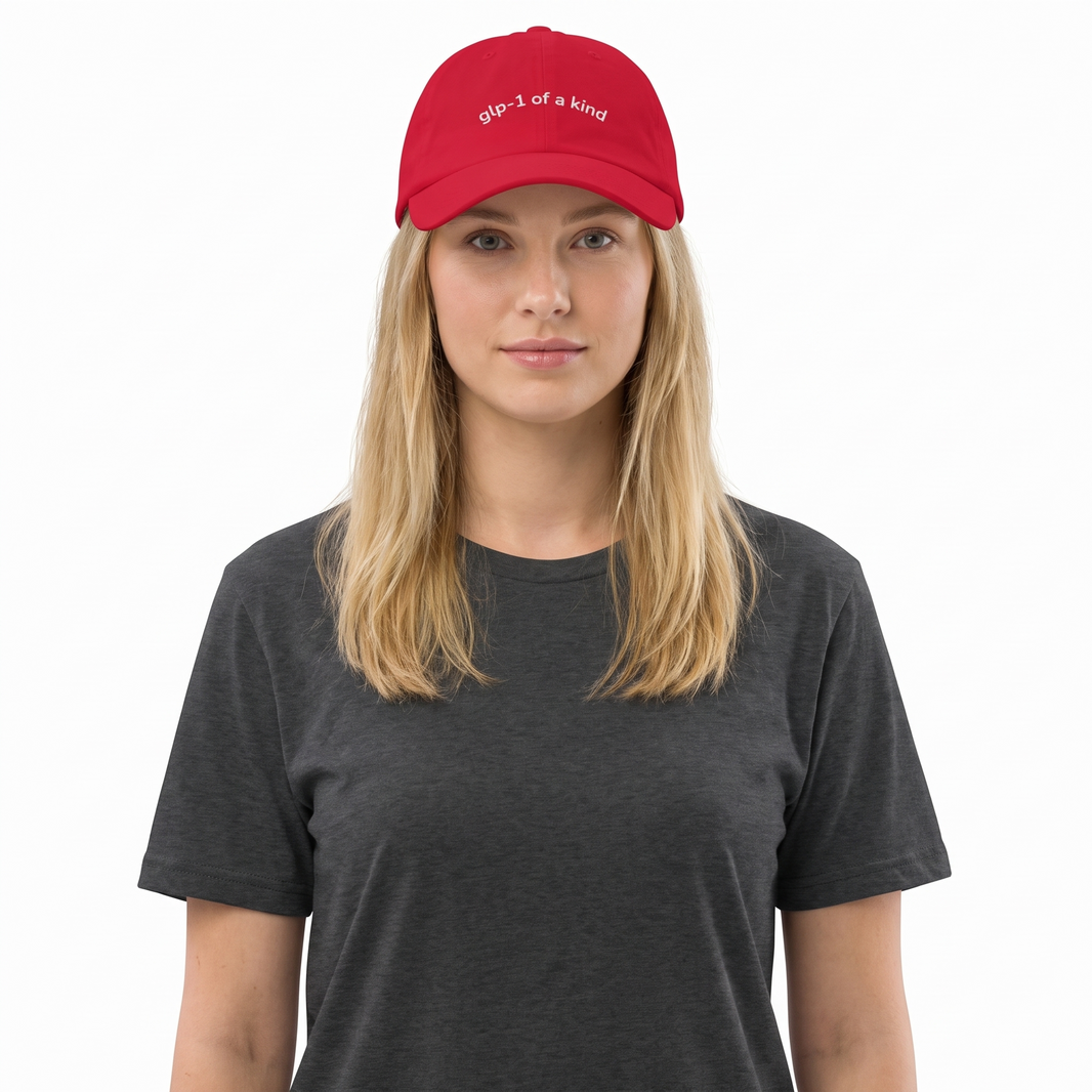 GLP-1 of a Kind Embroidered Dad Hat-GLP-1 of a Kind Embroidered Dad Hat, Cranberry, white-background wider model fit view