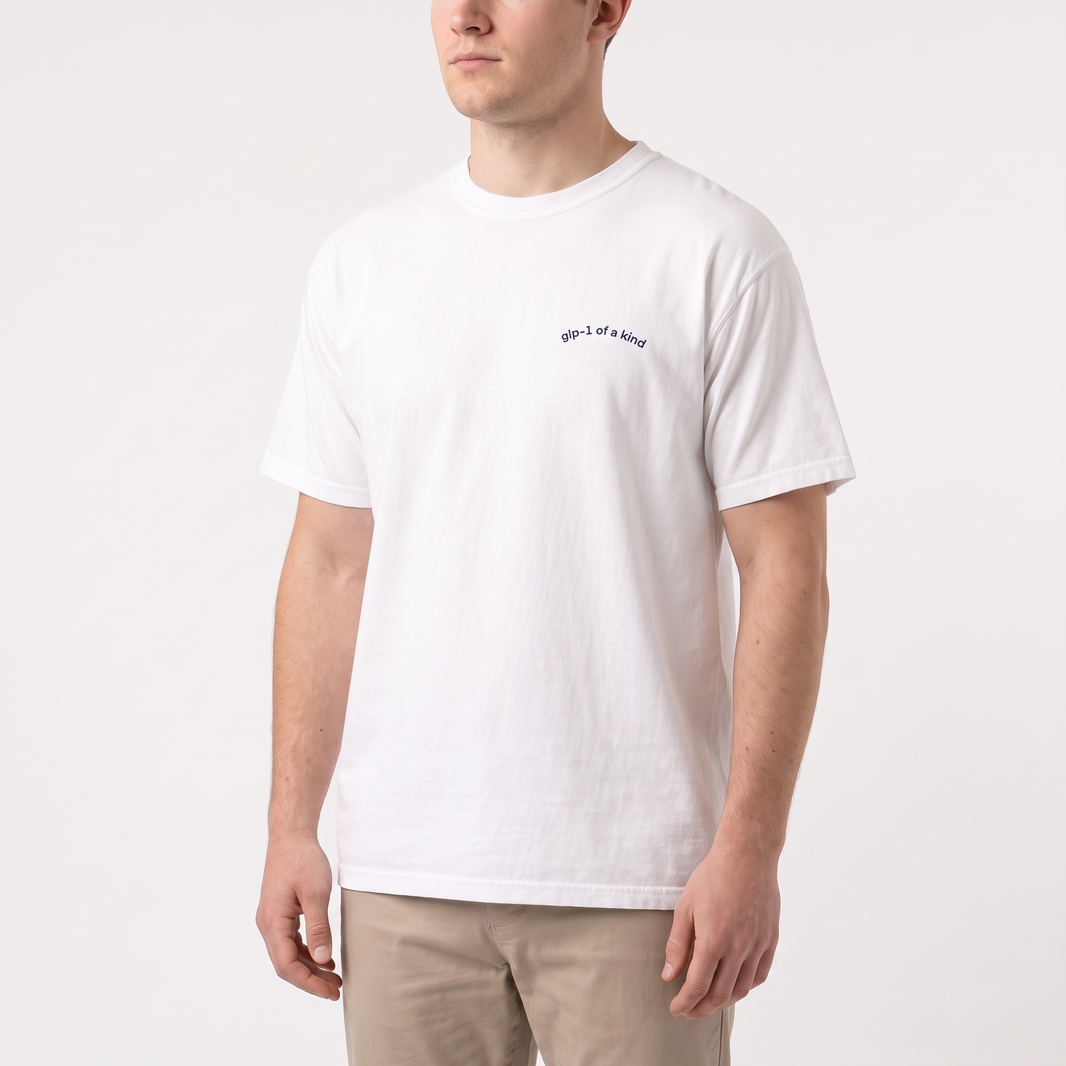 GLP-1 of a Kind Embroidered T-Shirt-GLP-1 of a Kind Embroidered T-Shirt, White, white-background angled model view
