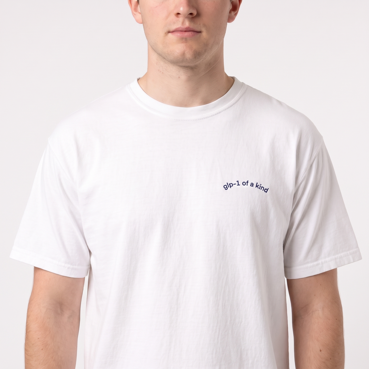 GLP-1 of a Kind Embroidered T-Shirt-GLP-1 of a Kind Embroidered T-Shirt, White, white-background on-model embroidery close-up
