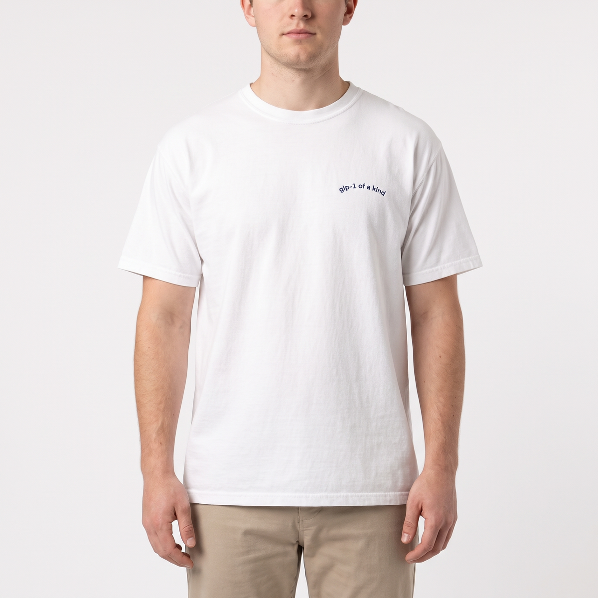 GLP-1 of a Kind Embroidered T-Shirt-GLP-1 of a Kind Embroidered T-Shirt, White, white-background wider model fit view