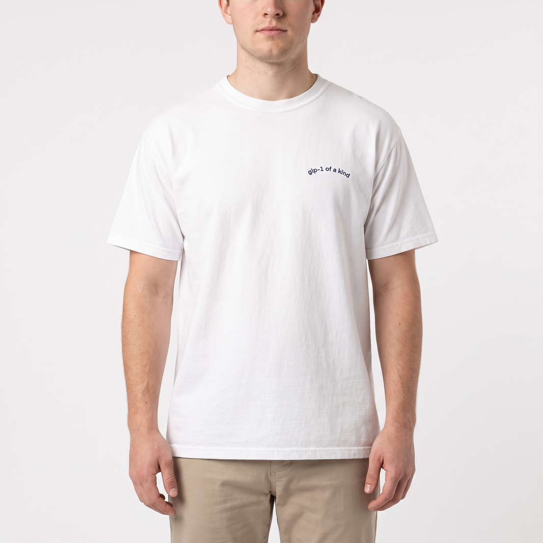 GLP-1 of a Kind Embroidered T-Shirt-GLP-1 of a Kind Embroidered T-Shirt, White, white-background wider model fit view