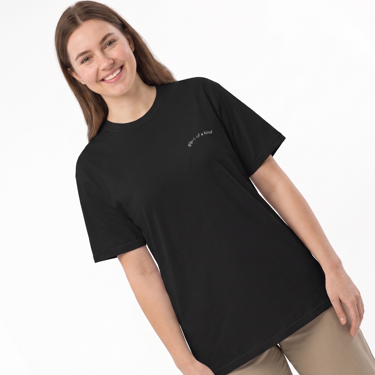 GLP-1 of a Kind Embroidered T-Shirt-GLP-1 of a Kind Embroidered T-Shirt, Black, white-background angled model view