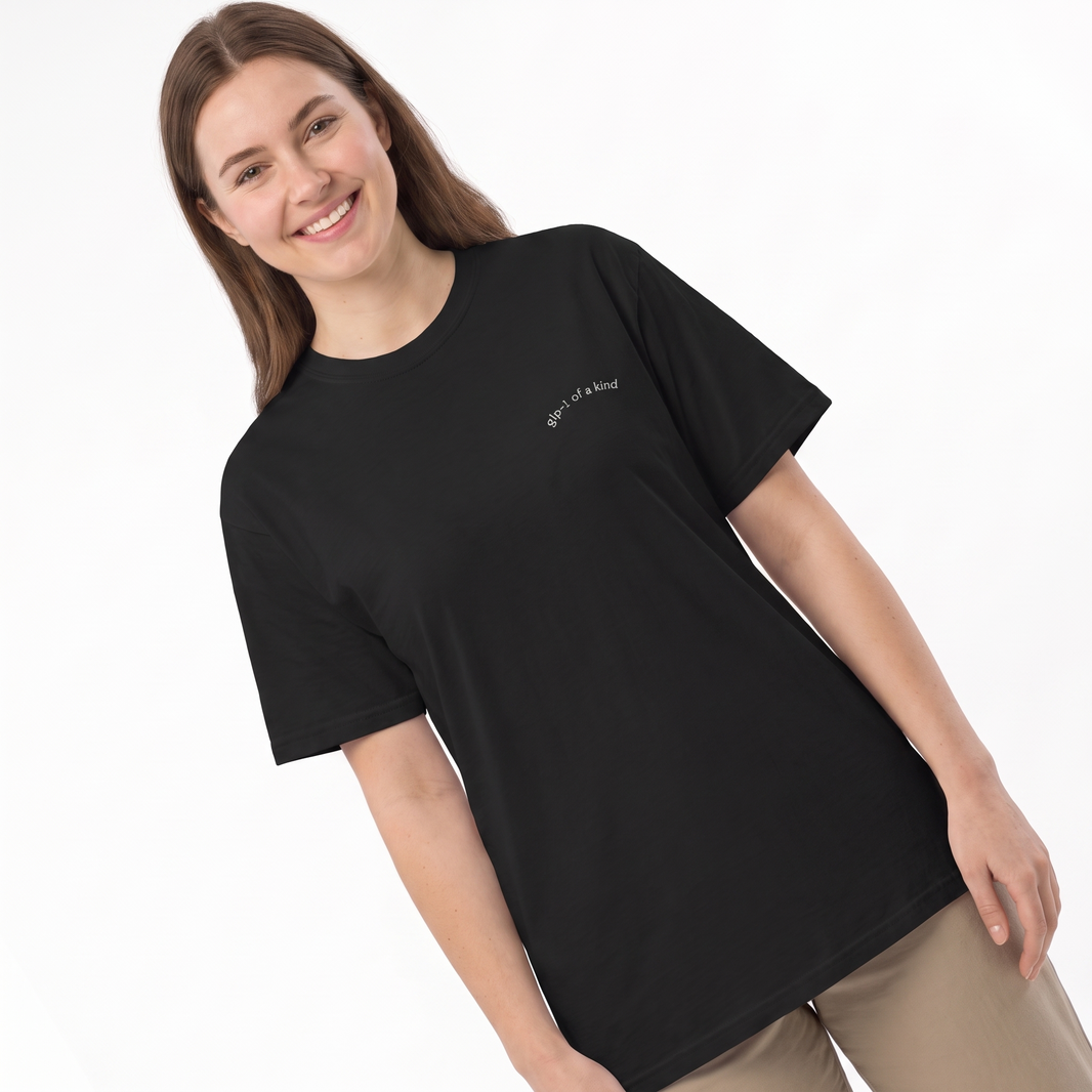 GLP-1 of a Kind Embroidered T-Shirt-GLP-1 of a Kind Embroidered T-Shirt, Black, white-background angled model view