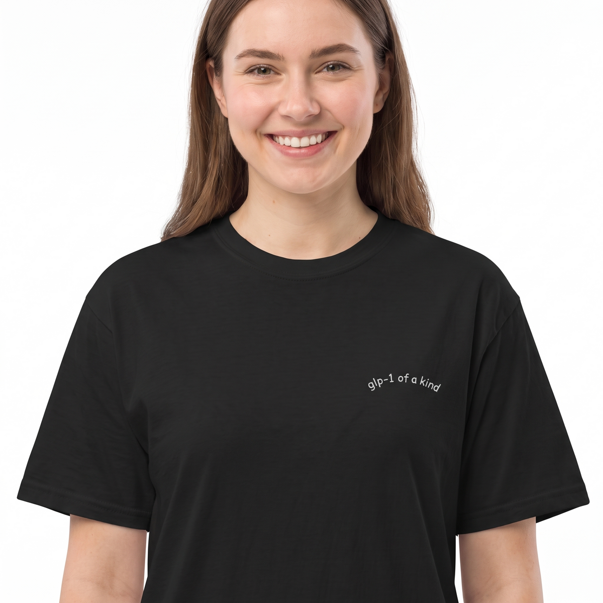 GLP-1 of a Kind Embroidered T-Shirt-GLP-1 of a Kind Embroidered T-Shirt, Black, white-background on-model embroidery close-up