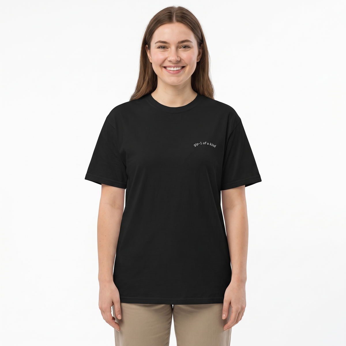 GLP-1 of a Kind Embroidered T-Shirt-GLP-1 of a Kind Embroidered T-Shirt, Black, white-background wider model fit view