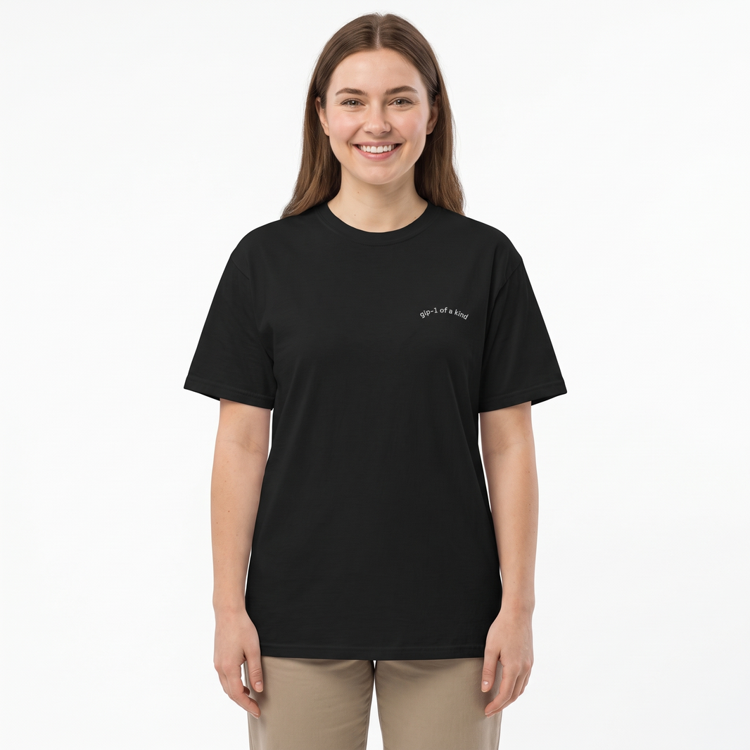 GLP-1 of a Kind Embroidered T-Shirt-GLP-1 of a Kind Embroidered T-Shirt, Black, white-background wider model fit view