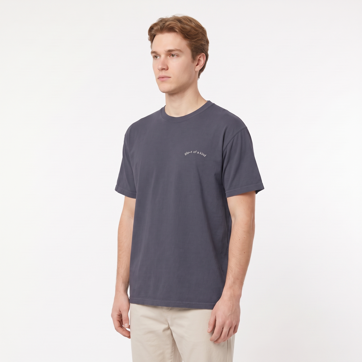 GLP-1 of a Kind Embroidered T-Shirt-GLP-1 of a Kind Embroidered T-Shirt, Navy, white-background angled model view