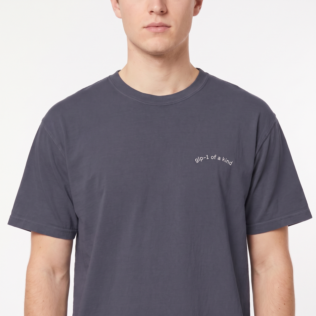 GLP-1 of a Kind Embroidered T-Shirt-GLP-1 of a Kind Embroidered T-Shirt, Navy, white-background on-model embroidery close-up