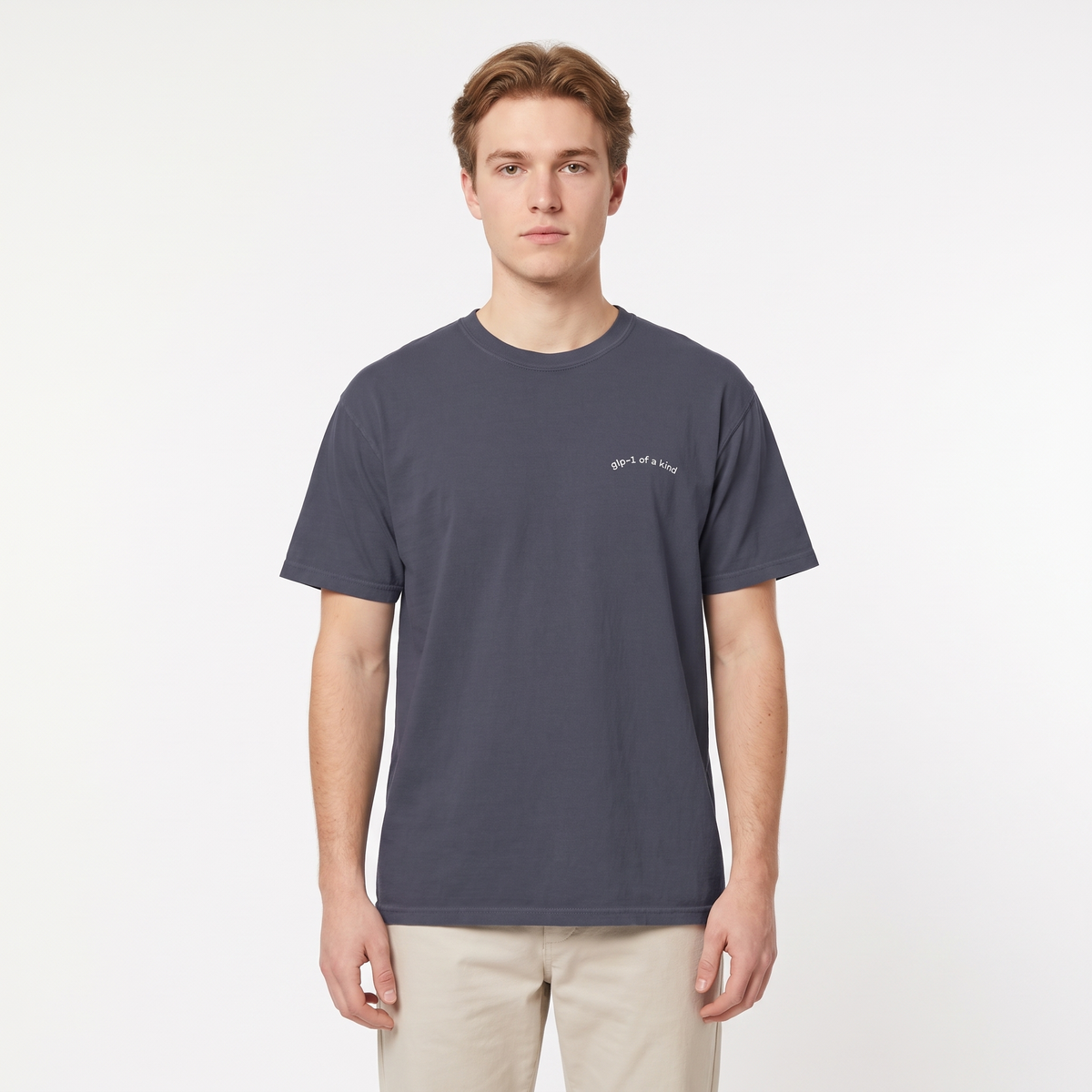 GLP-1 of a Kind Embroidered T-Shirt-GLP-1 of a Kind Embroidered T-Shirt, Navy, white-background wider model fit view